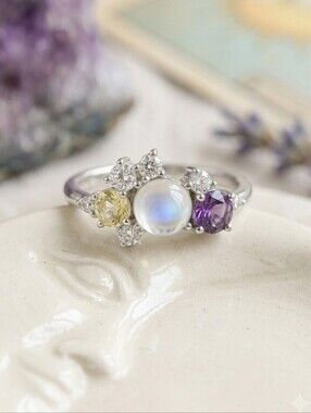 925 Sterling Silver Genuine Moonstone Celestial Multi Stone Cluster Ring Size 6